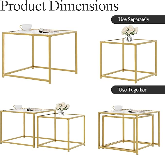 Garden 4 you Coffee Table Set of 2, Modern Patterned Glass Nesting Table, Metal Frame Square Center Table Set, Side Tables, Nesting Coffee Table for Living Room, Bedroom and Small Spaces, 23.6in Gold