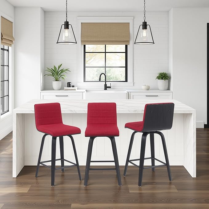 Vienna Modern Counter Height Swivel Bar Stool with Red Upholstered Seat and Brushed Wood Frame Set of 3