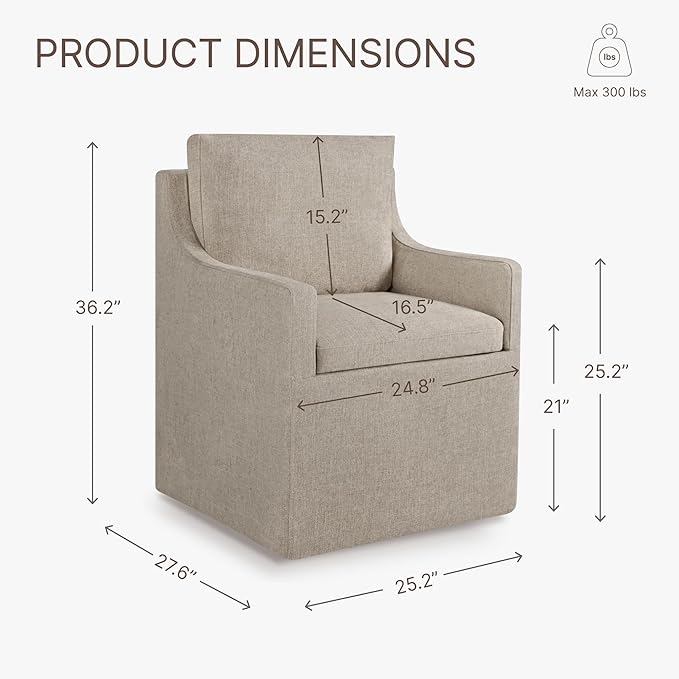 Upholstered Dining Chairs with Casters Easy Assembly Side Deskchair with Rollers for Diningroom, Living Room, Khaki, 2 Box