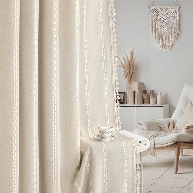 Boho Blackout Curtains 96 Inches Long Beige Linen Blend 2 Panels - Image 7