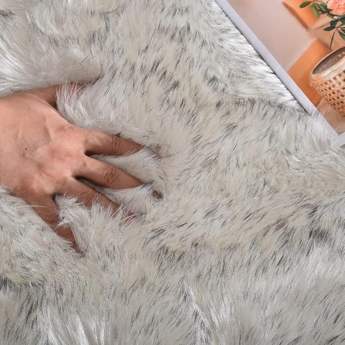 ORINOVA White and Grey Area Rugs 9x12 Living Room Large Washable Faux Fur Rugs - Image 5