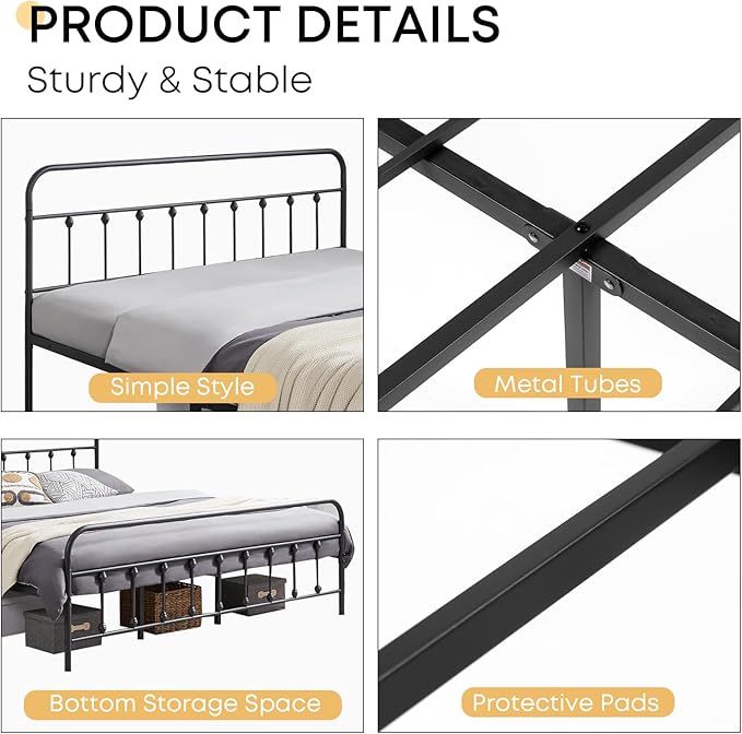 Queen Bed Frame-Classic Metal Platform Bed Frame Mattress Foundation with Victorian Style Iron-Art Headboard/Footboard/Storage Space/No Box Spring Needed/Black