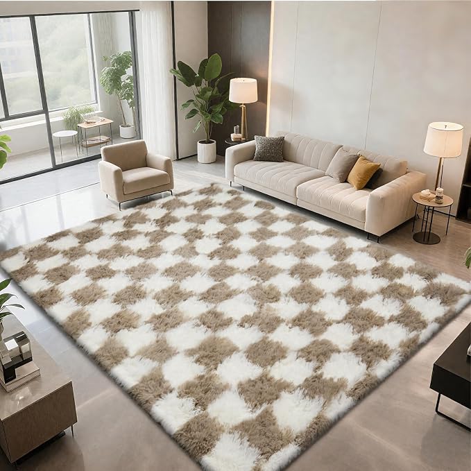 Large Shag Area Rug for Bedroom, 9x12 Ft Beige and White Area Rug Classic - Image 2