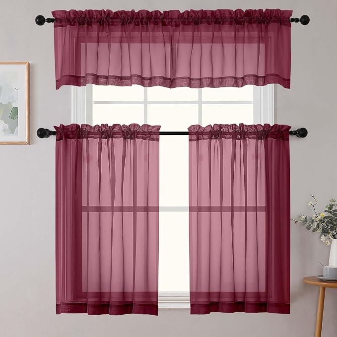 Burgundy Kitchen Curtains 30 Inch Length Tier 2 PCS, Solid Soft Airy Half - Image 8