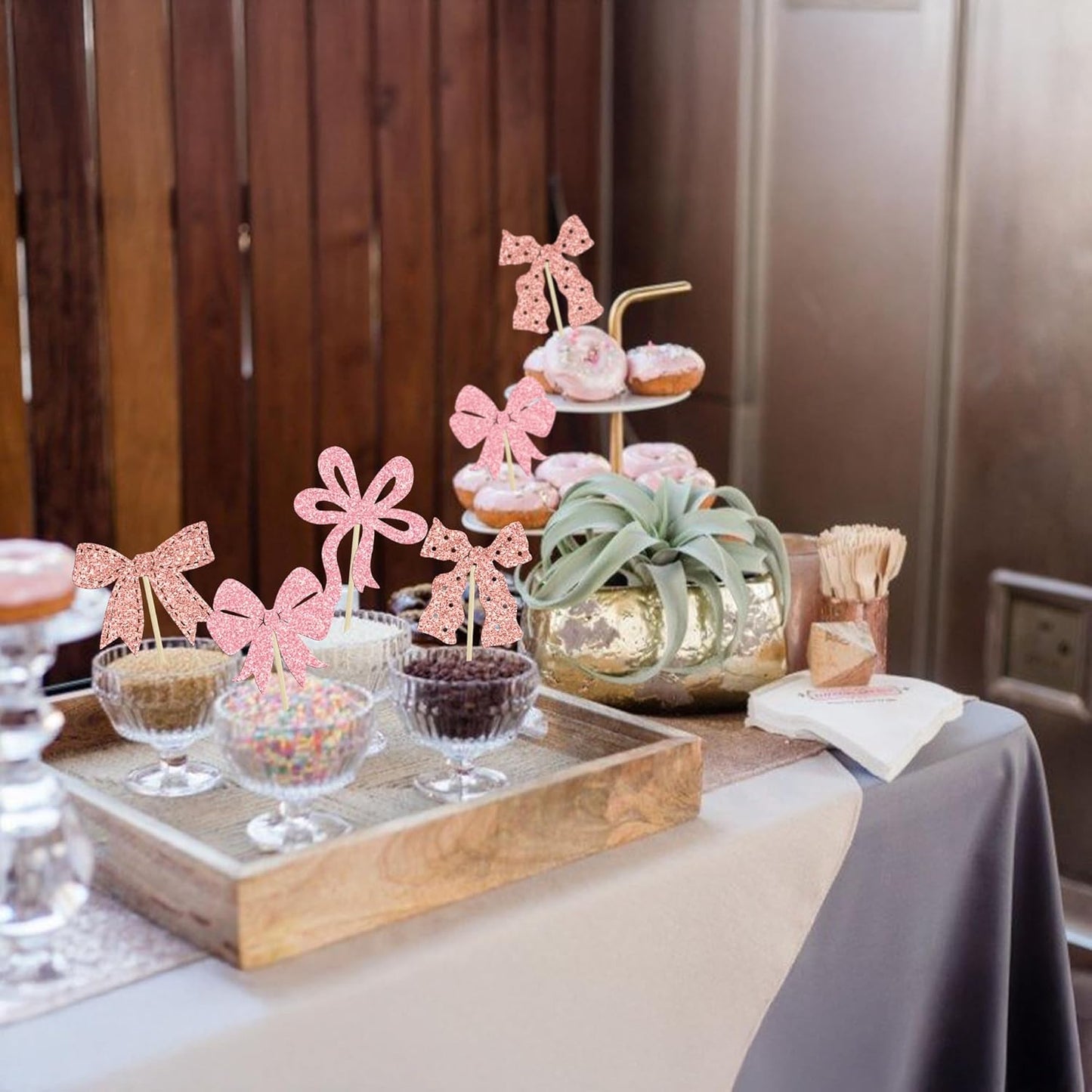 Ephlyn 24pcs Pink & Rose Gold Bow Cupcake Toppers - Perfect for Birthday, Baby Shower, Bridal Shower & Wedding Parties