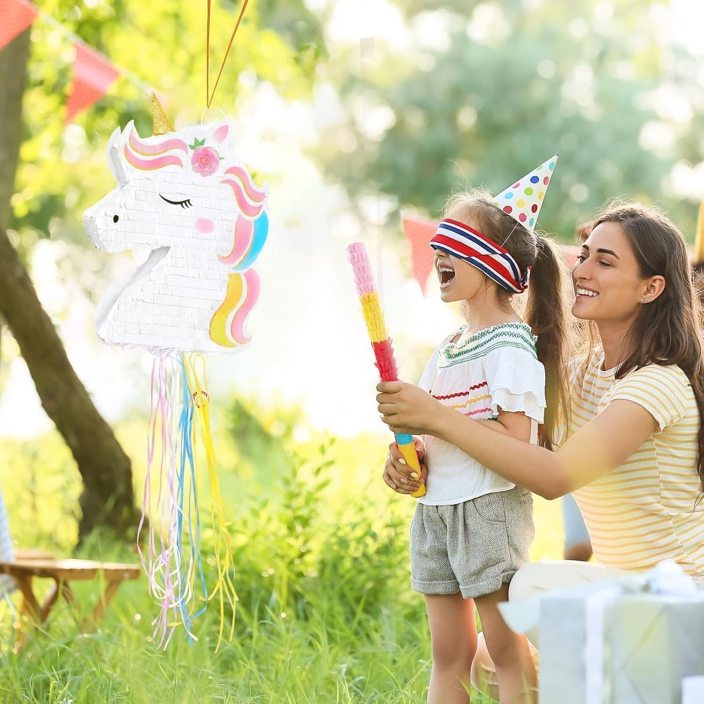 WERNNSAI Foldable Unicorn Piñata - Pull String Unicorn Birthday Party Supplies Extendable Unicorn with Blindfold Bat and Tassels Unicorn Birthday Party Decoration Games Folding Piñatas for Kids