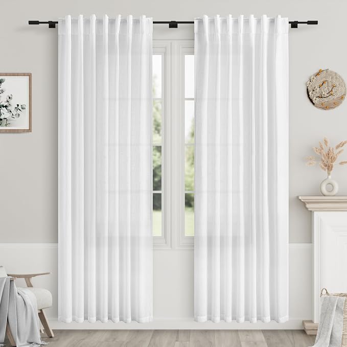 Nanspring White Semi Sheer Linen Curtains 88 Inch Length by Nanspring