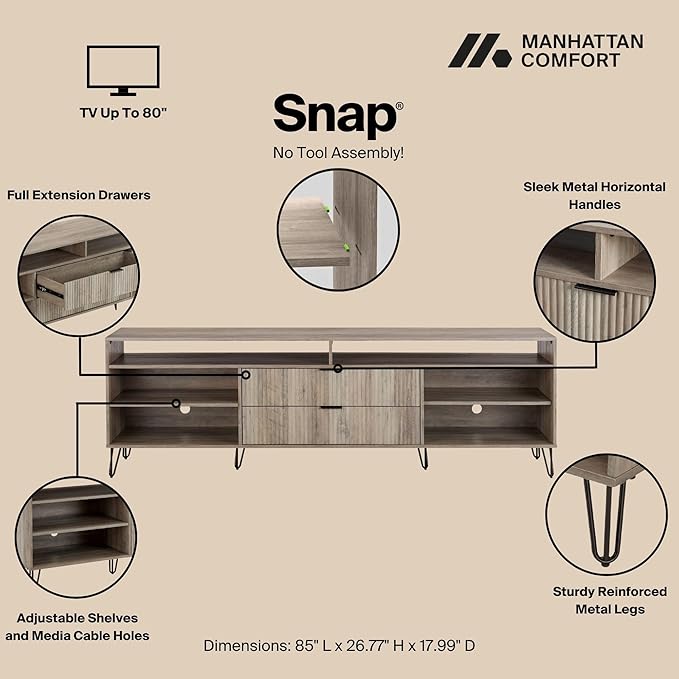 Manhattan Comfort Dumbo Mid Century Modern TV Stand for Televisions up to 80 Inches, Home Entertainment Center with Storage, 6 Shelves, 2 Drawers, No Tool Assembly, 85" Wide, Rustic Grey