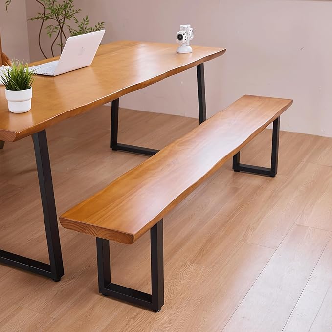 Durable Solid Wood Top Bench with Sturdy Metal Legs – Versatile Dining & Office Seating - Multi-Size Options Ideal for Living Room, Dining Room, and Home Office(Dark yellowbench, 62.99in)