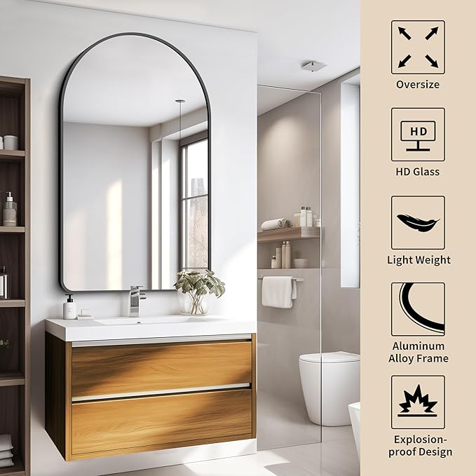 FORBATH Arched Mirror 30x50 Inch, Black Bathroom Mirror Wall Mounted Modern Black Aluminum Alloy Frame Decor Large Dresser Mirror for Bedroom Living Room Entryway, Hanging or Leaning Against Wall