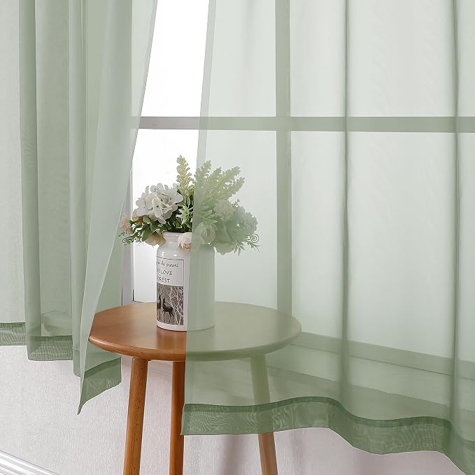 Lecloud Sage Green Sheer Curtains 45 Inch Long 2 Panels, Short Voile Drapes - Image 5