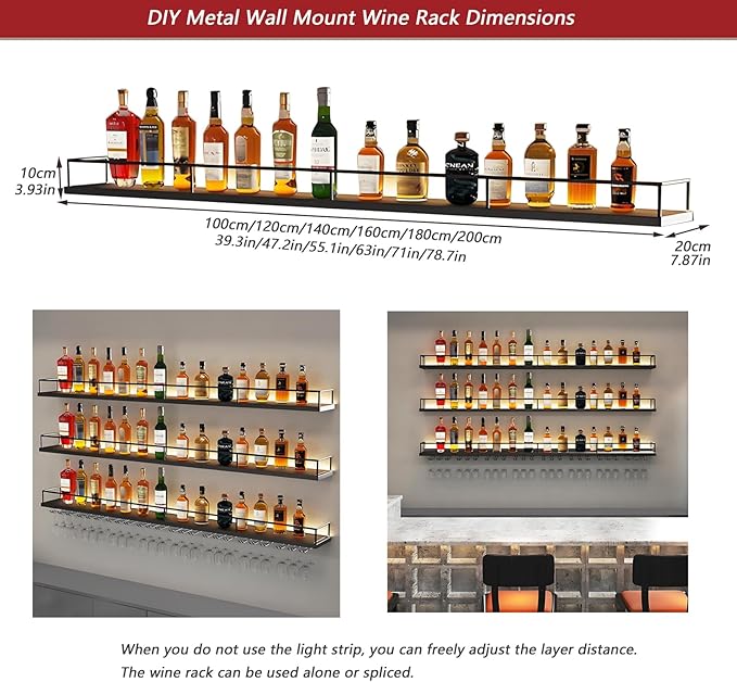 Wall-Mounted Metal Wine Rack with LED Lights 3-Tier Floating Bar Shelves with Wine Glass Rack Large Wine Bottle Display Rack Hanging Shelf, for Home Bar Dining Room Decorative (Black, 100cm/39.3in)
