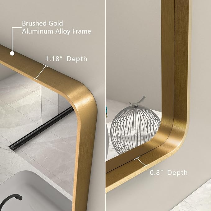 50x40 Inch Gold Bathroom Mirror, Rounded Rectangle Gold Frame Mirror, Brushed Gold Brass Bathroom Vanity Mirror Wall-Mounted, Anti-Rust, Hangs Horizontally or Vertically