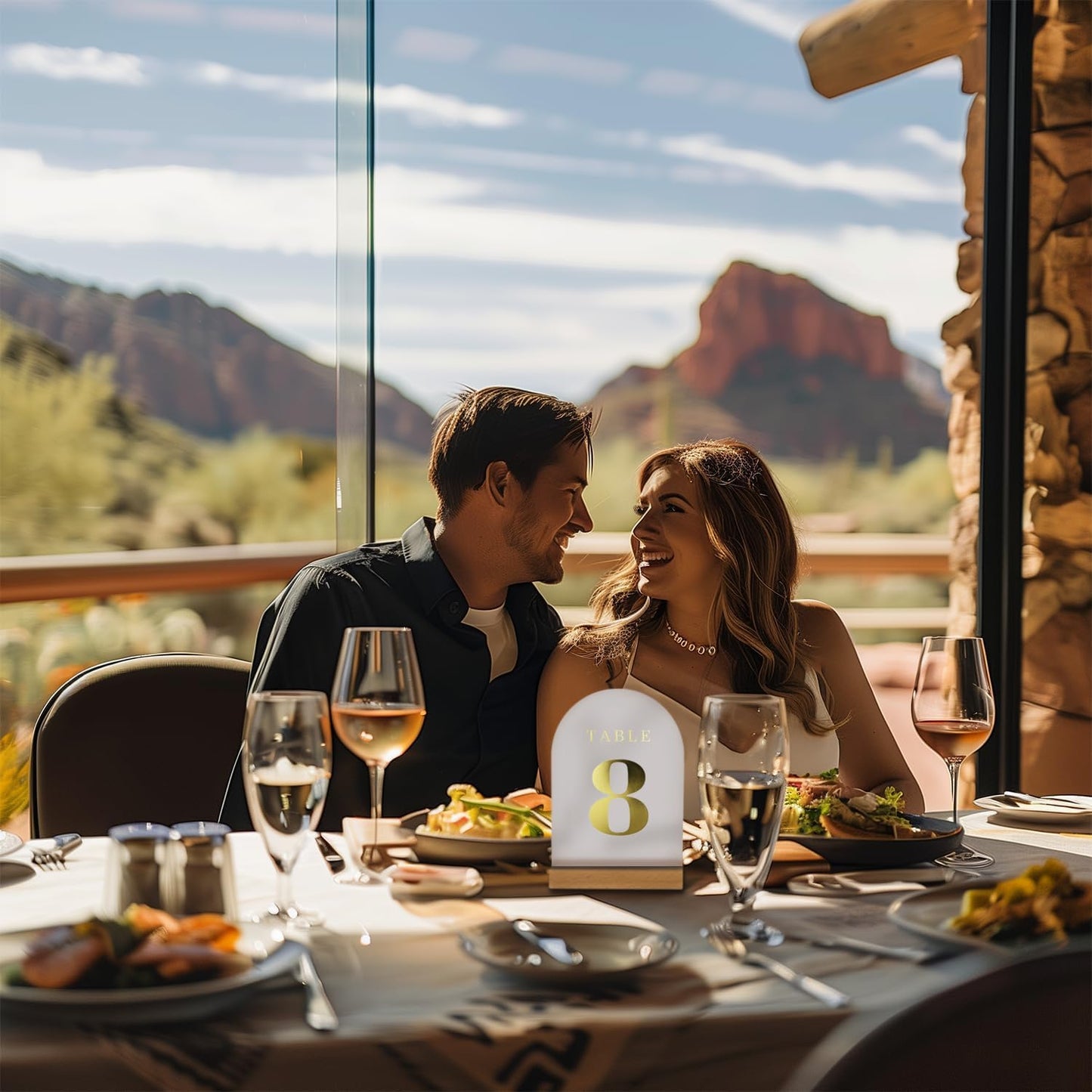 Wedding Table Numbers 1-10, Acrylic Arch Signs with Natural Wood Stands Holders, Rustic Table Decor for Reception & Parties (Frosted Gold)