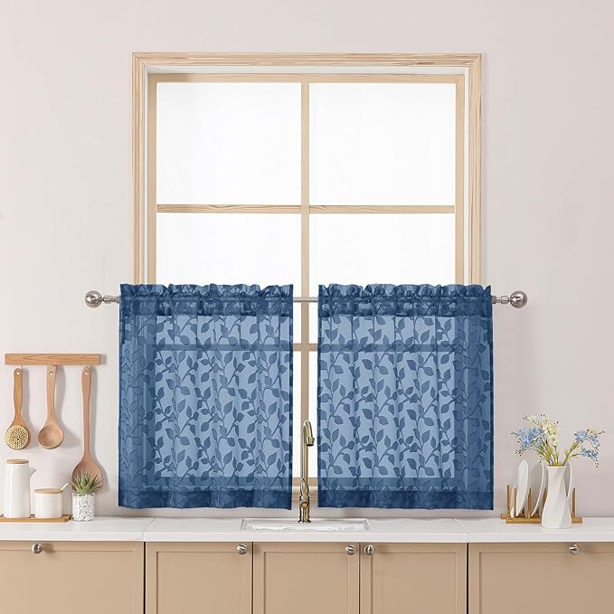 Chyhomenyc Dusty Blue Sheer Curtains 24 Inch Length, Light Filtering Leaf by Chyhomenyc