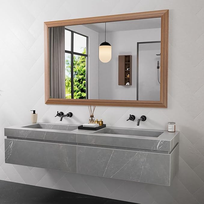 Amorho 50 X36 Inch Bathroom Mirror for Over Sink, Walnut Wood Grain Metal Frame Wall Mirror, Anti-Rust, Hang Horizontally/Vertically, Suitable for Bedroom, Farmhouse, Bathroom, Decorative