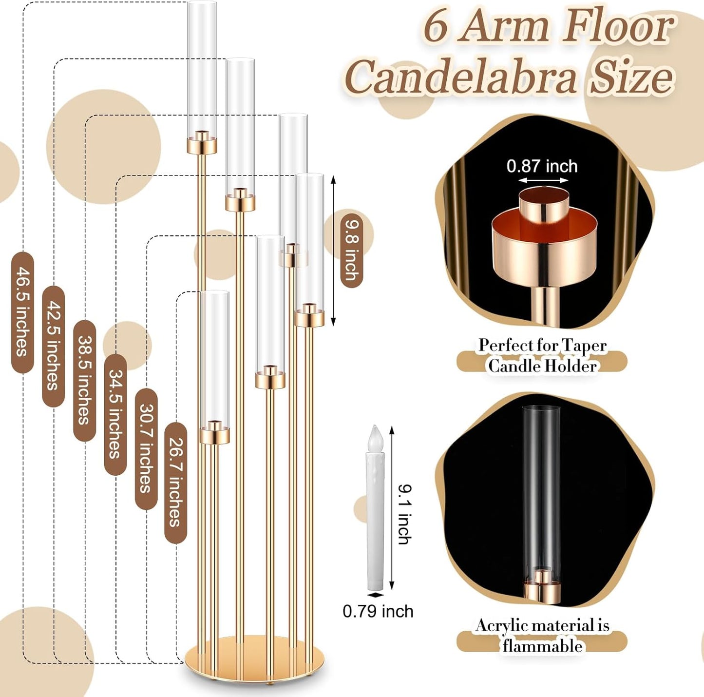 Tandefio 4 Sets Acrylic Candelabra Centerpieces 46.5'' Tall Clear Candle Holders Pillar Taper Candlestick with Lampshades 6 Arm Floor Candelabra Stand for Wedding Christmas Ceremony Dinner Party