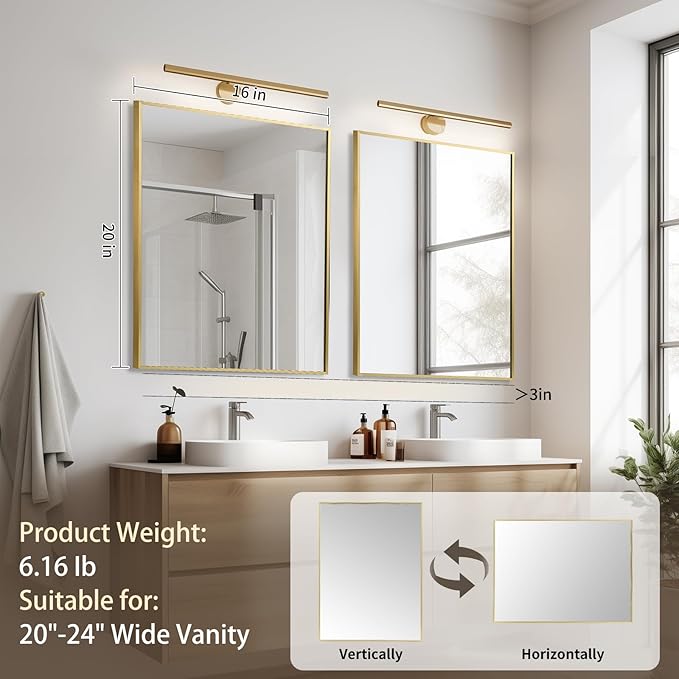 Brushed Gold Mirror, 16x20 Inch Aluminum Framed Rectangle Mirror, Anti-Rust, Tempered Glass, Square Corner Wall Mirror for Over Sink, Vanity, Bedroom, Entryway, Horizontal/Vertical