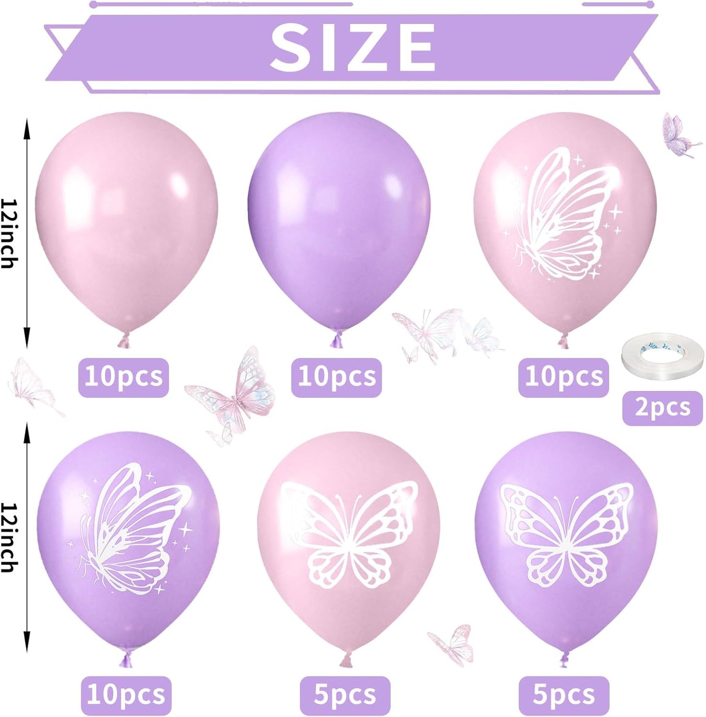 Maca Pink Purple Butterfly Printed Balloons - 52 PCS 12 Inch, Perfect for Baby Shower, Girls' Birthday Parties, or Wedding Decorations