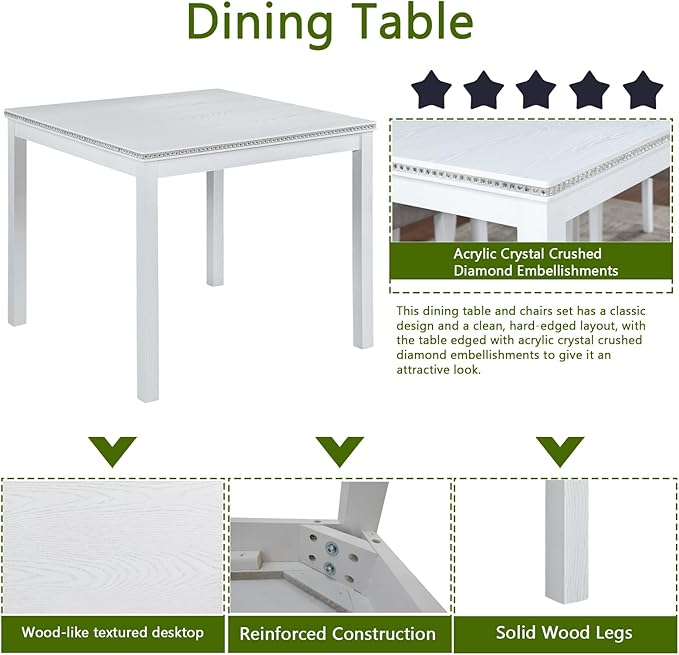 Ball & Cast 5 Piece Dining Table Set,Kitchen Table Set for 4 W/ 34.5" Square Wooden Dining Table,Living Room Furniture W/ 4 Upholstered Chairs,for Dining Room,Kitchen,Restaurant,White