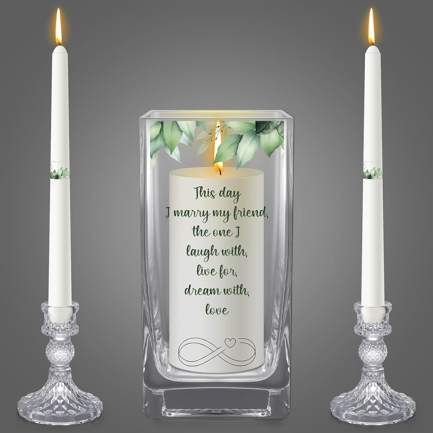 Unity Wedding Candles with Holder Wedding Ceremony Unity Candles Set Catholic Religious Accessories Large Decorative Glass Holder Taper for Church(Green Leaf)