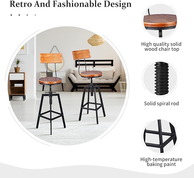 Industrial Bar Stools with Wood Backrest 25-32inch Height Adjustable Kitchen Island Dining Chair Extra Guest Stool Swivel Wooden Seat(Set of 2)
