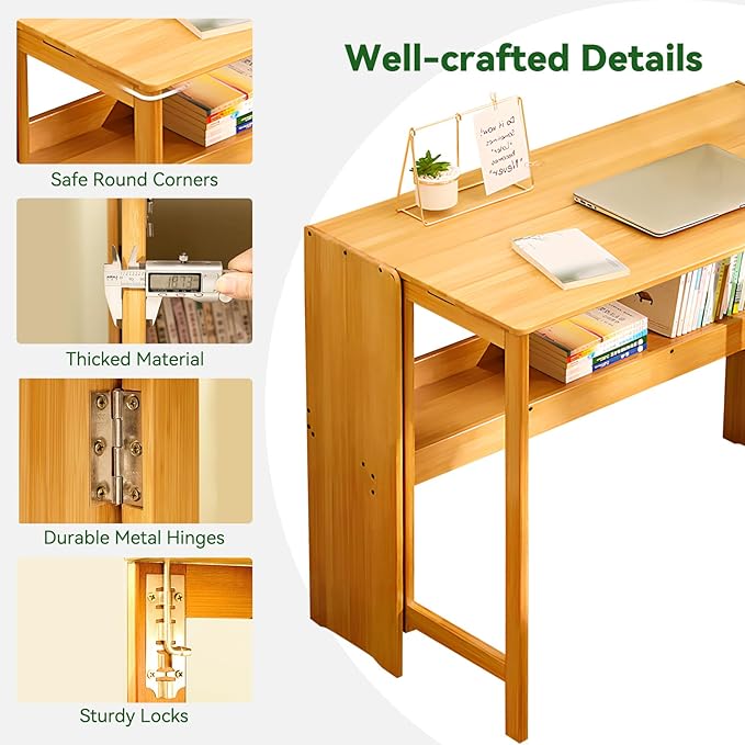 Bamboo Folding Desk Mid Century Modern Desk for Home Office Bedroom Small Spaces, Natural，40.55" Long Desktop