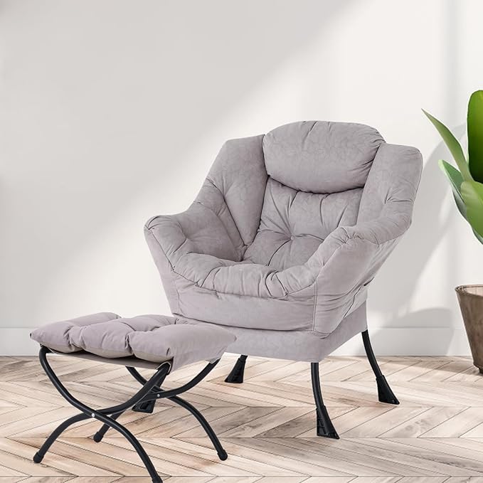 Lazy Chair with Ottoman, Modern Chair with Folding Footrest, Lounge Accent Chair, Comfortable Reading Chair, Oversized Armchairs for Bedroom, Study, Living Room, Courtyard (Light Grey)