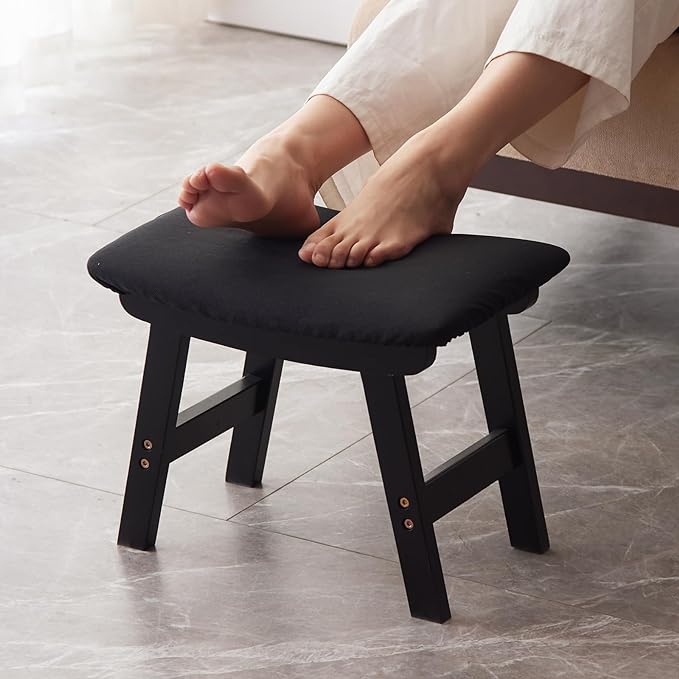 Foot Stool,Ottoman,Bamboo Small Sofa Foot Rest Under Desk,Extra Seating for Living Room, Bedroom and Kitchen (Black Stool Legs - Black Surface)