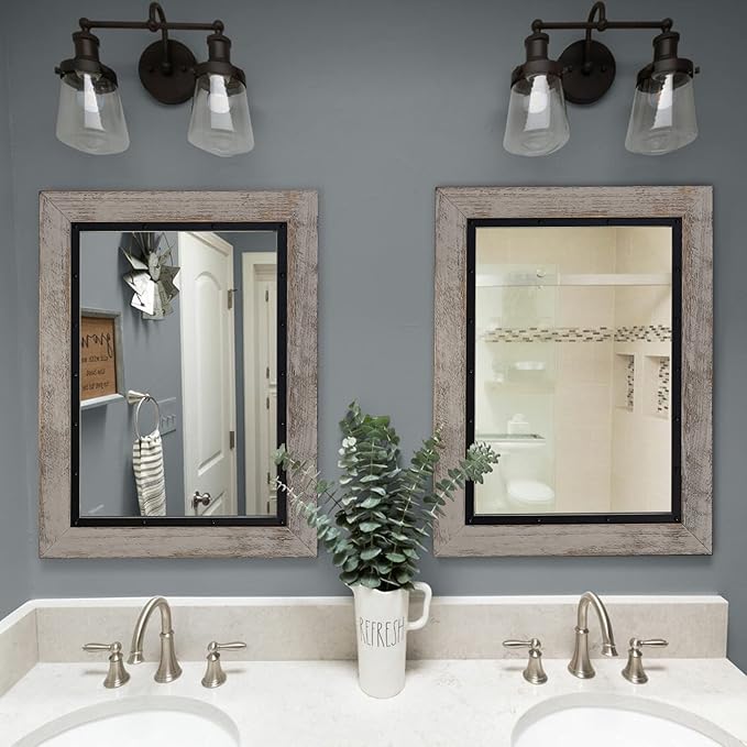 YOSHOOT Rustic Wooden Framed Wall Mirror, Natural Wood and Iron Bathroom Vanity Mirror for Farmhouse Decor, Vertical or Horizontal Hanging, 60" x 36", Grey