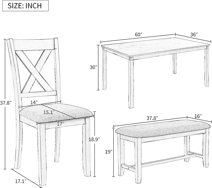 6 Pieces Dining Table Set with 60" Rectangle Kitchen Desk,Living Room Furniture W/ 4 "X-Shaped Curved Backres Fabric Chairs & 1 Bench,for Restaurant,Home Bistro,Natural Cherry