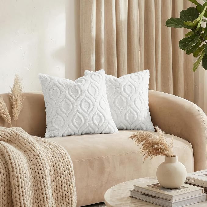 decorUhome Throw Pillow Covers 20x20 Inch Set of 2, Soft Plush Faux Wool White - Image 3