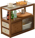 Bamboo & Rattan Side Table with Glass Top – 2-in-1 End Table and Bedside Cabinet with Drawer Storage for Small Spaces, Bedroom, Living Room,Walnut