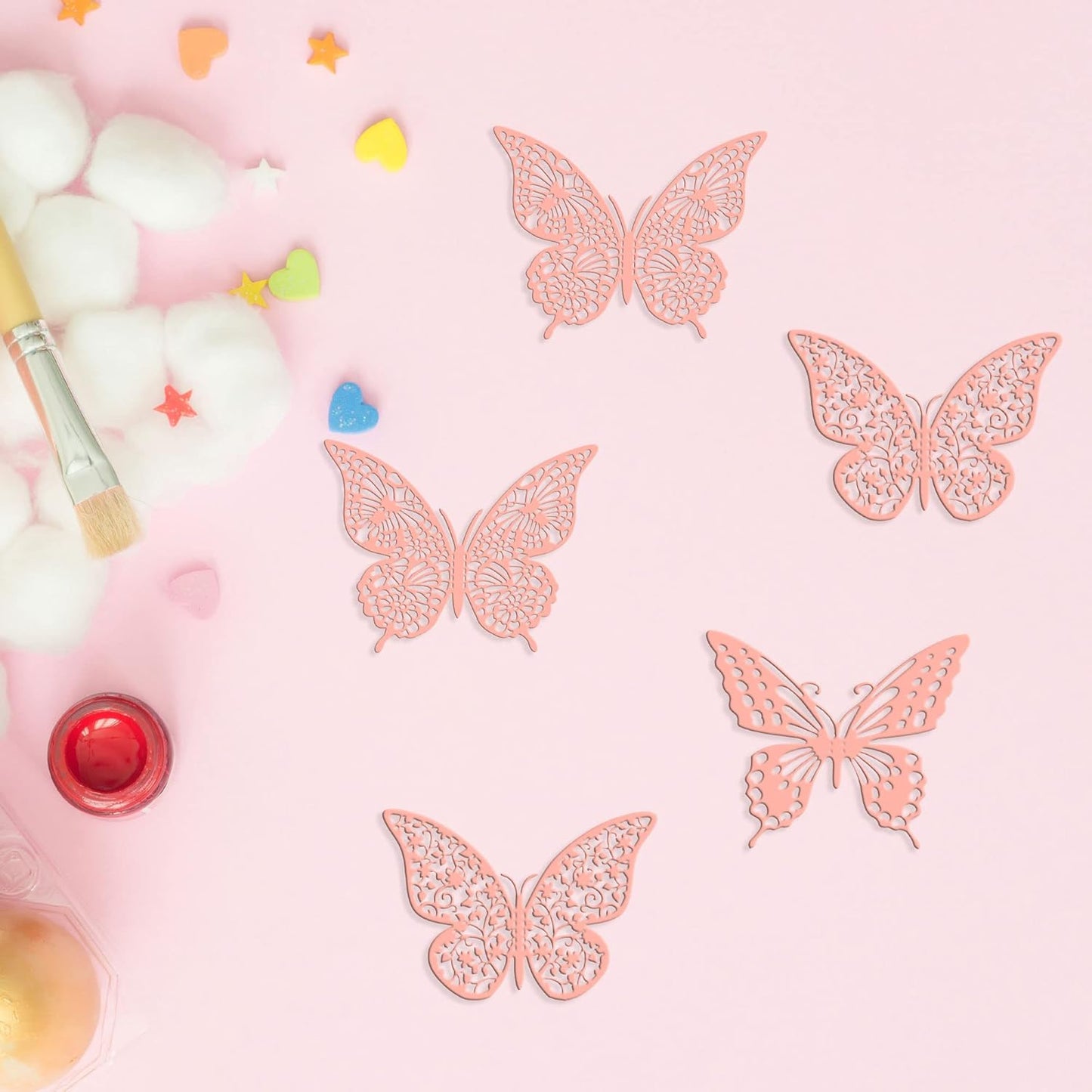 Gyufise 36 Pack Pink Glitter 3D Cupcake Toppers - Hollow Butterfly Cake Decorations for Birthday Wedding Fairy Party - Wall Sticker Decal for Background Wall Decoration