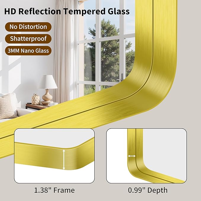 FORBATH 24x48 Inch Bathroom Mirror, Brushed Gold Deep Frame Narrow Wall Mirror with Rounded Corners, Anti-Rust Tempered Glass for Modern Farmhouse Vanity (Horizontal/Vertical)