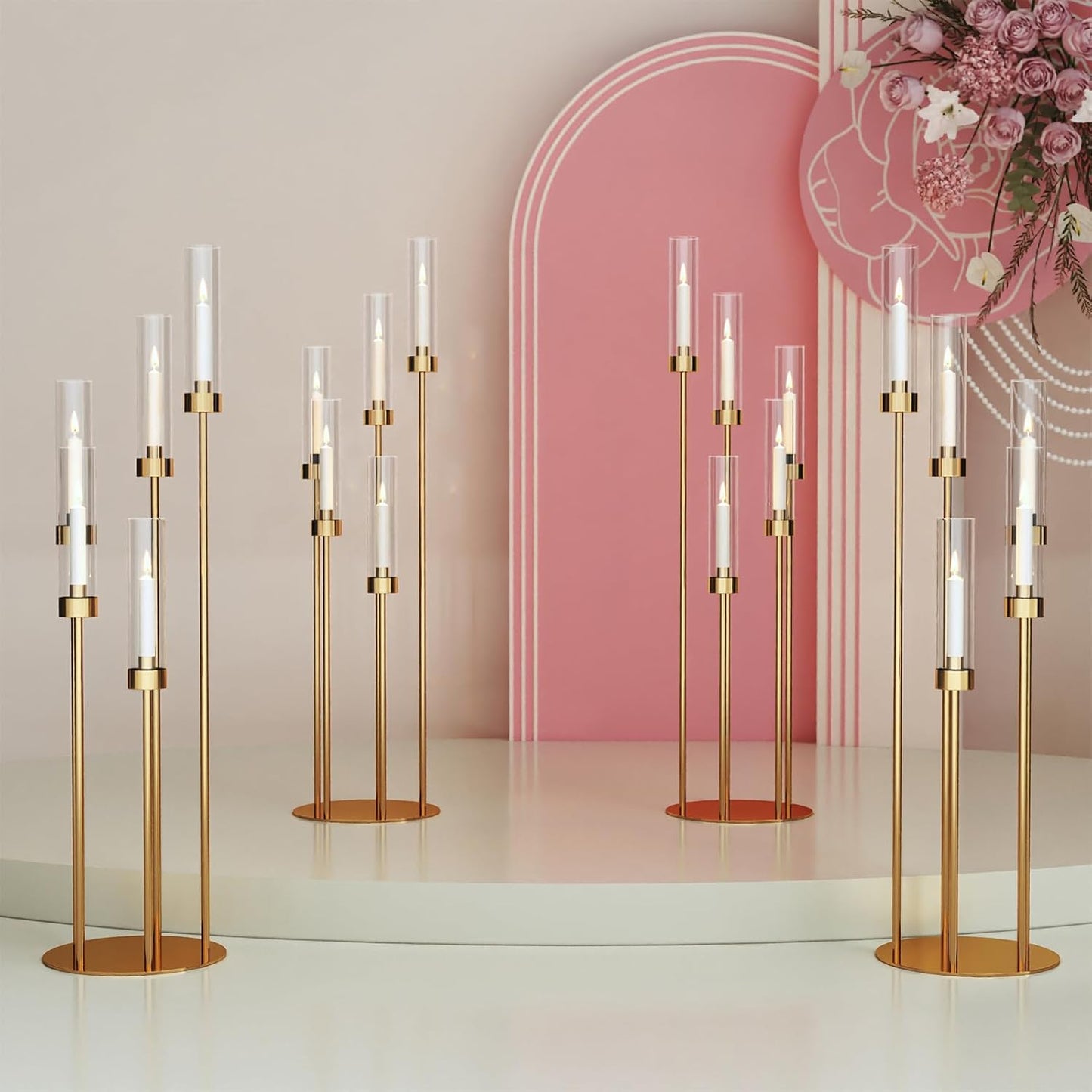 42.5'' Floor Candelabra 5 Arm Candelabra Centerpieces for Tables Gold Candle Sticks Holder 4 Set Tall Metal Candlestick with Acrylic Lampshades for Home Christmas Party (Round)