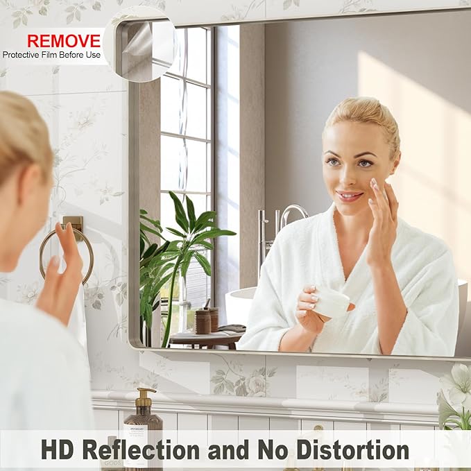 24x32 Inch Brushed Nickel Bathroom Mirror, Brushed Silver Metal Framed Wall Mirror, Rounded Corner Rectangle Modern Vanity Mirror, Tempered Glass, Anti-Rust, Shatterproof (Horizontal/Vertical)