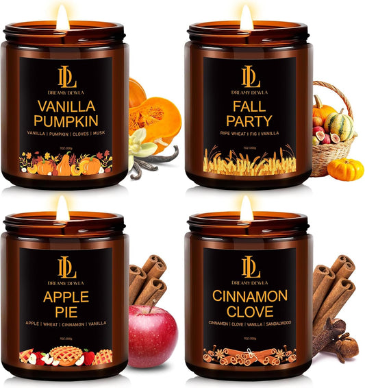 Fall Candle Set, Fall Scented Candles for Home, 4 Pack Soy Candle Set, Autumn Gifts for Women Men, Autumn Scents of Vanilla Pumpkin/Cinnamon Clove/Apple Pie/Fall Party