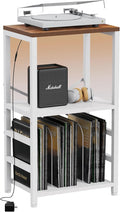 End Table with LED Light,Record Player Stand with Albums Storage,Vinyl Records Storage,Turntable Stand Side Table for Music Room Studio Living Room Bedroom-White