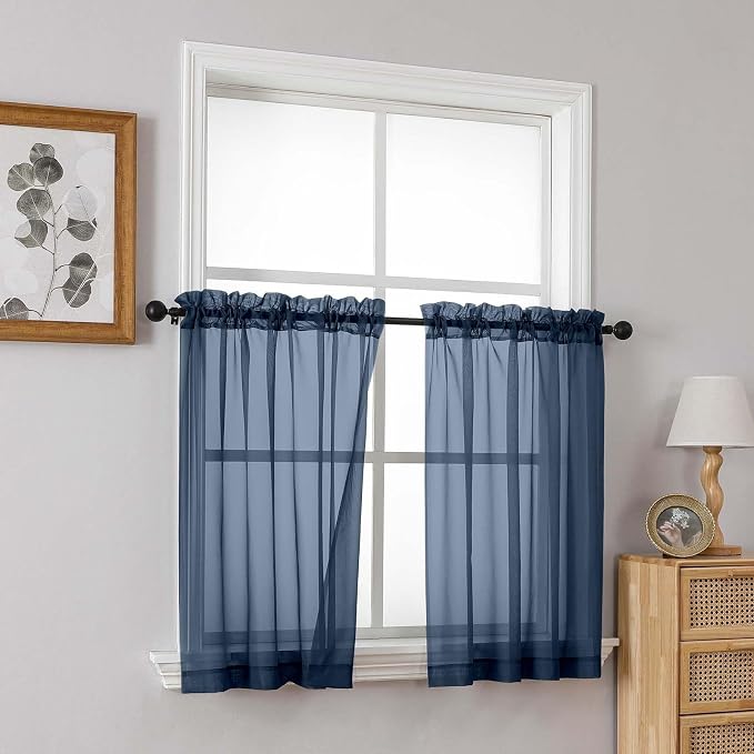 Navy Blue Sheer Curtains Tier 30 Inches Length 2 Panels, Light Filtering - Image 8
