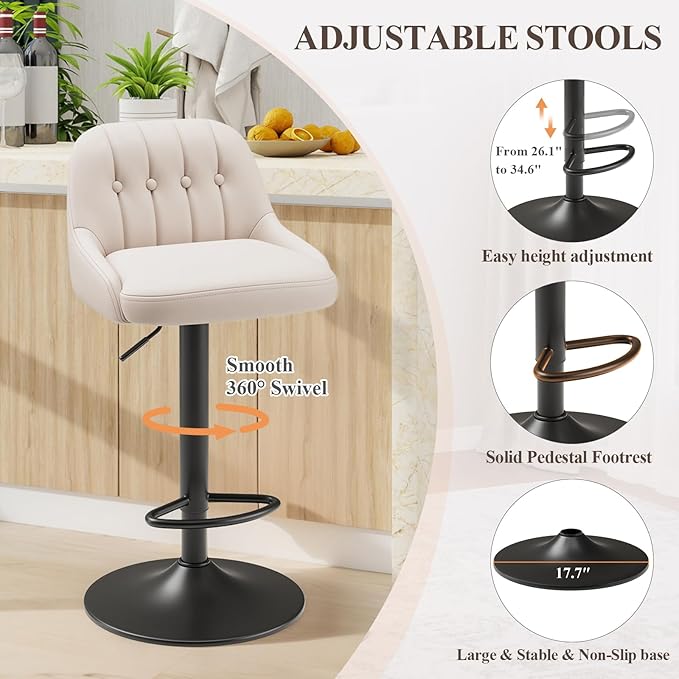Bar Stools Set of 2, Swivel Bar Chairs, Modern Adjustable PU Leather Upholstered Barstools Counter Height with Tufted Back for Bar, Kitchen Counter Island, Dining Room, Beige