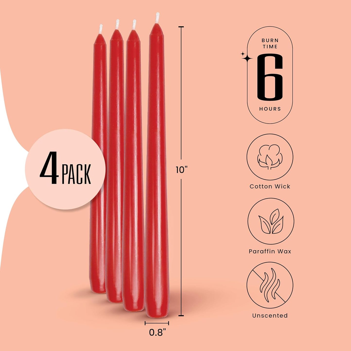 Leor & Lair Red Taper Candles - 4 Pack 10" Christmas Candlesticks - Unscented Long Burning Red Candles for Valentine’s Day, Christmas, Dinner Table, Weddings, Restaurants & Business Events