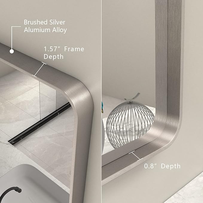 16x24 Inch Brushed Nickel Bathroom Mirror, Rounded Rectangle Silver Metal Frame Mirror, Silver Bathroom Vanity Mirror, Anti-Rust, Hangs Horizontally or Vertically