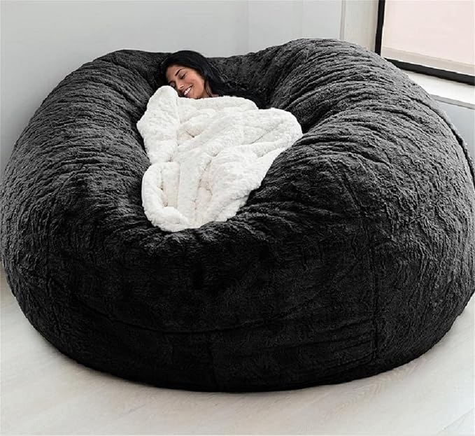 Giant Fur Bean Bag Chair Cover for Kids Adults, (No Filler) Living Room Furniture Big Round Soft Fluffy Faux Fur Beanbag Lazy Sofa Bed Cover (Black, 5FT)
