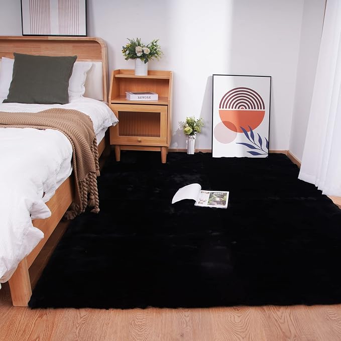 Ghouse Black Faux Rabbit Fur Area Rug 6x9 Machine Washable Area Rugs - Image 2