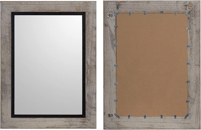 YOSHOOT Rustic Wooden Framed Wall Mirror, Natural Wood and Iron Bathroom Vanity Mirror for Farmhouse Decor, Vertical or Horizontal Hanging, 60" x 36", Grey
