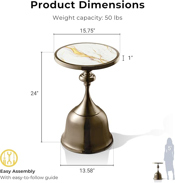 HOMES: Inside + Out Halric Modern 24" Tall Round End Table with Decorated Tabletop and Iron Metal Base, Accent Furniture, Elegant Pedestal Stand for Living Room, Home Office, Antique Brass