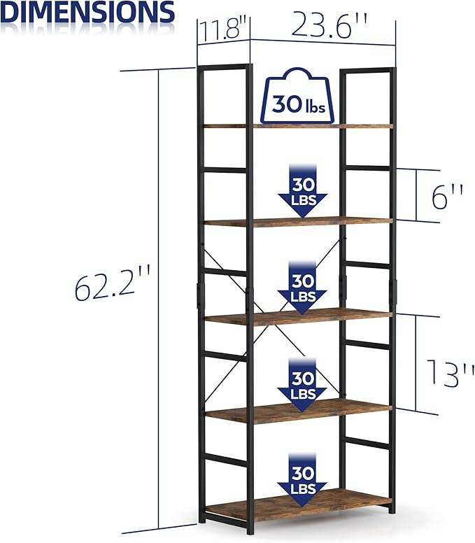 NUMENN 5 Tier Bookshelf, Set of 2 Tall Bookcase Shelf Storage Organizer, Modern Book Shelf for Bedroom, Living Room and Home Office, Vintage