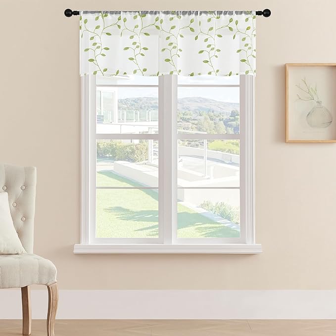 MRTREES Sheer Curtain Valance Rod Pocket, 2 Panels Leaves Embroidered Christmas by MRTREES