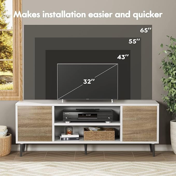 YESHOMY Modern TV Stand for 65" Television, Entertainment Center with Two Storage Cabinets and Open Shelves, Retro Style Media Console for Living Room, Bedroom, Office, 58 Inch, White and Oak